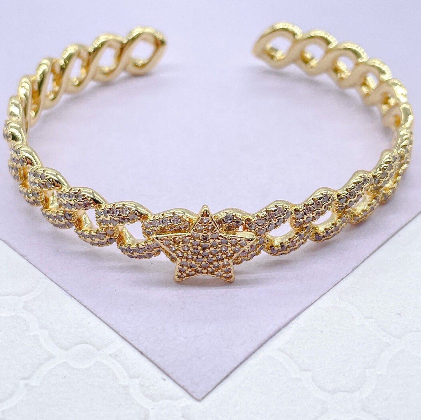 18k Gold Filled Pave Link Bracelet: Heart & Star Cuff
