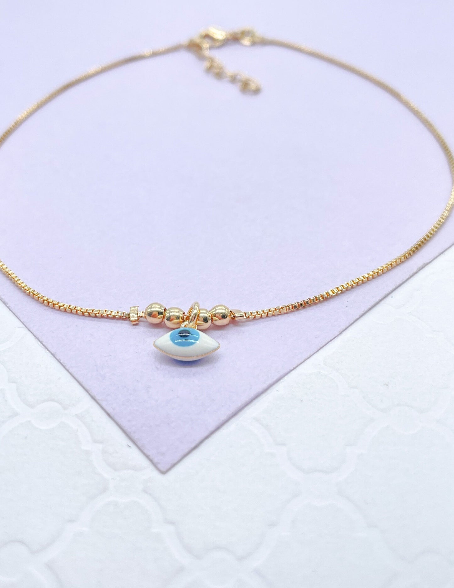 18k Gold Filled Plain Box Chain with Light Blue Evil Eye Charm With Bead Charms