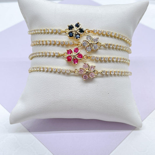 18k Gold Filled Adjustable Tennis Bracelet With CZ Flower Charm In Center