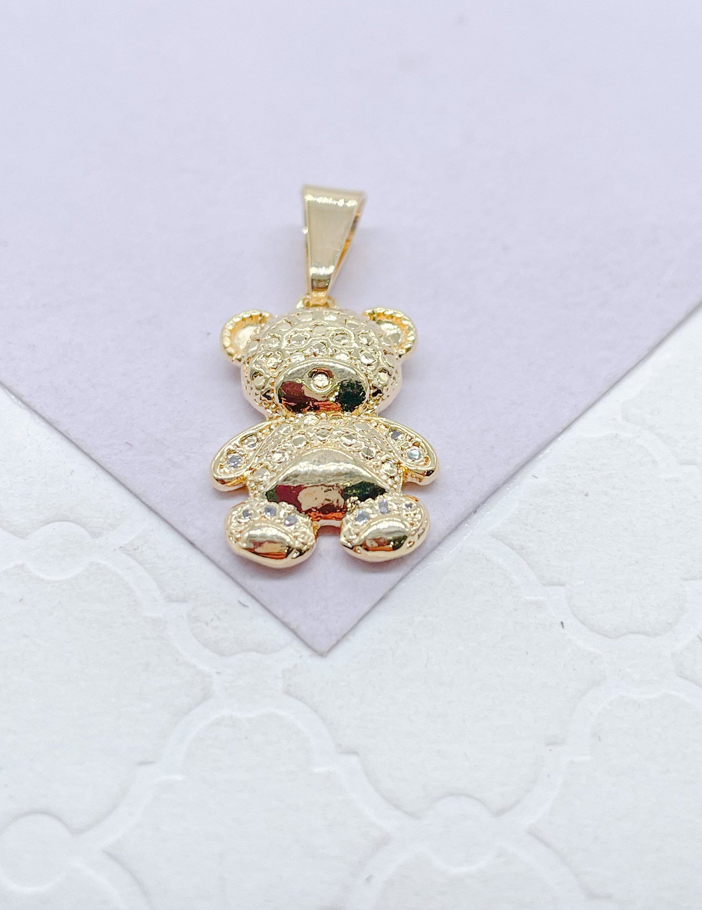 18k Gold Filled Texture Engraved With Cz Stone Bear Pendant