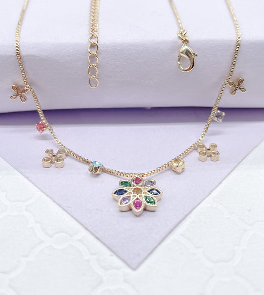 18k Gold Filled Dainty Box Chain Choker with Colorful Cz and Flower Charms w Flower Centerpiece