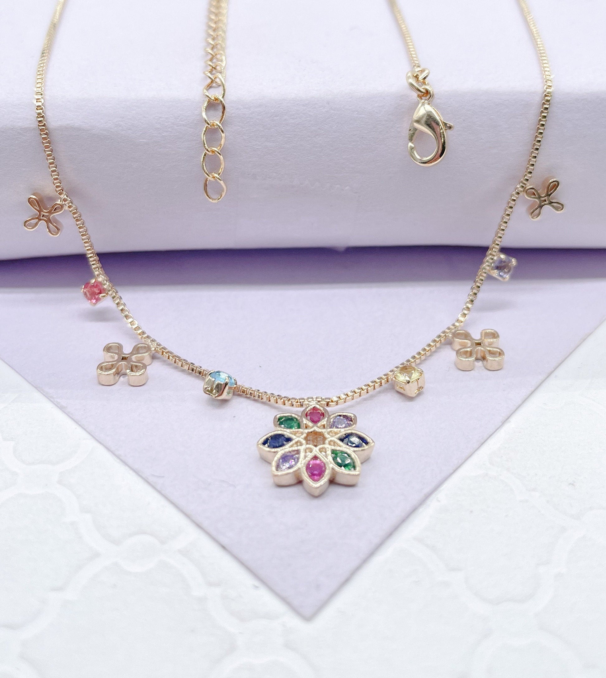 18k Gold Filled Box Chain Choker: Colorful CZ Flower Charm