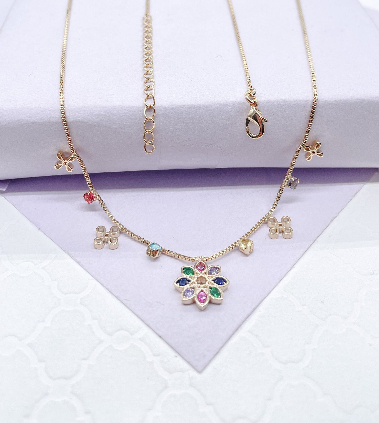 18k Gold Filled Box Chain Choker: Colorful CZ Flower Charm