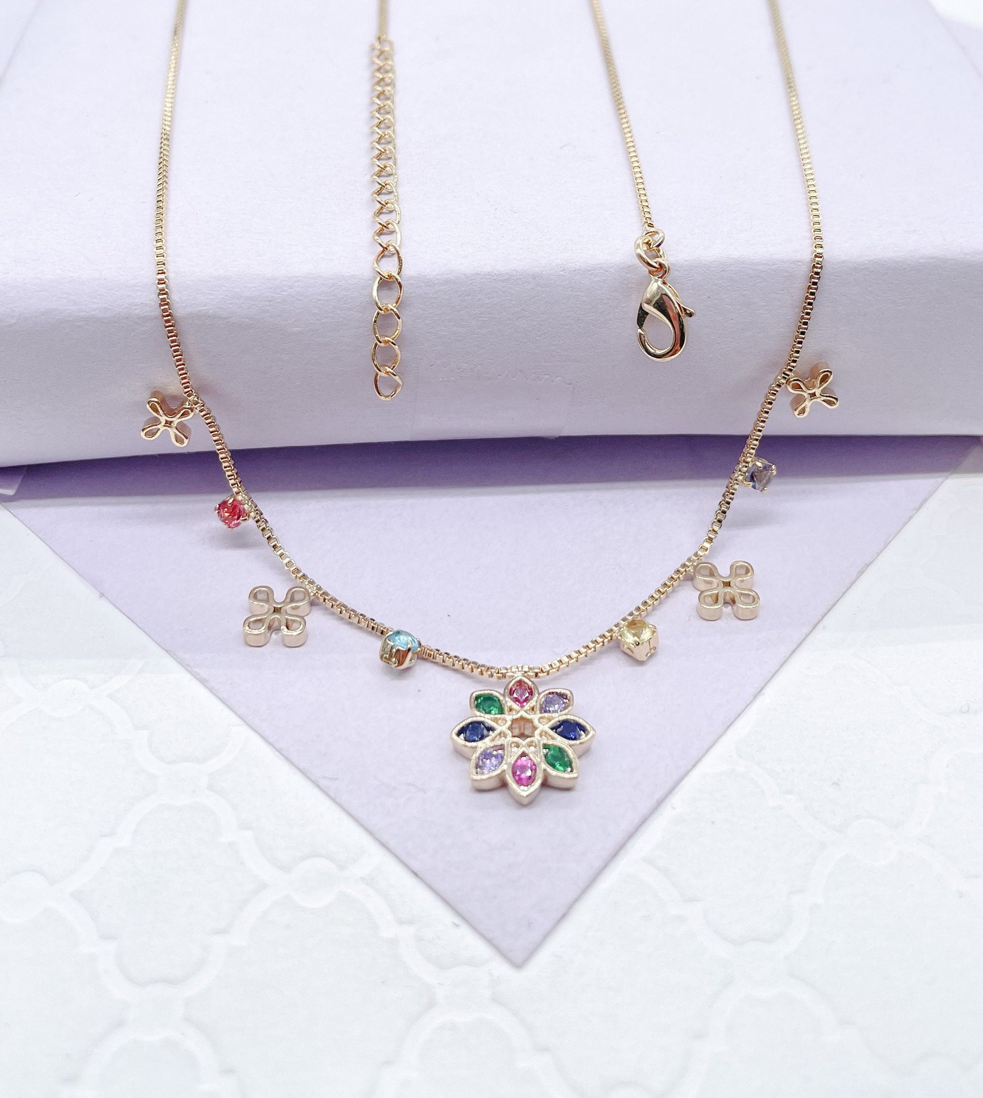 18k Gold Filled Box Chain Choker: Colorful CZ Flower Charm