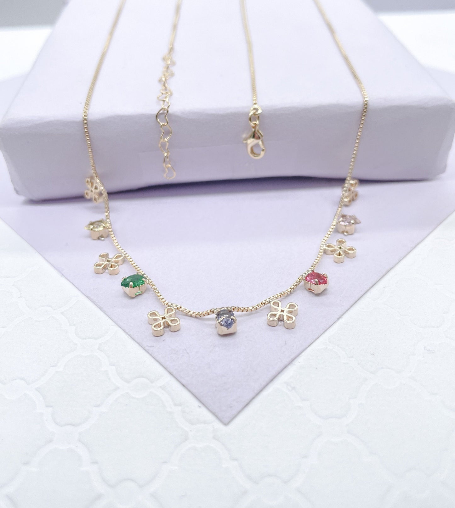18k Gold Filled Dainty Box Chain Choker With Colorful CZ and Flower Charms