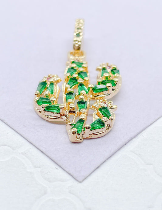 18k Gold Filled Catcus Plant Pendant With Green CZ and small Magenta CZ Stones