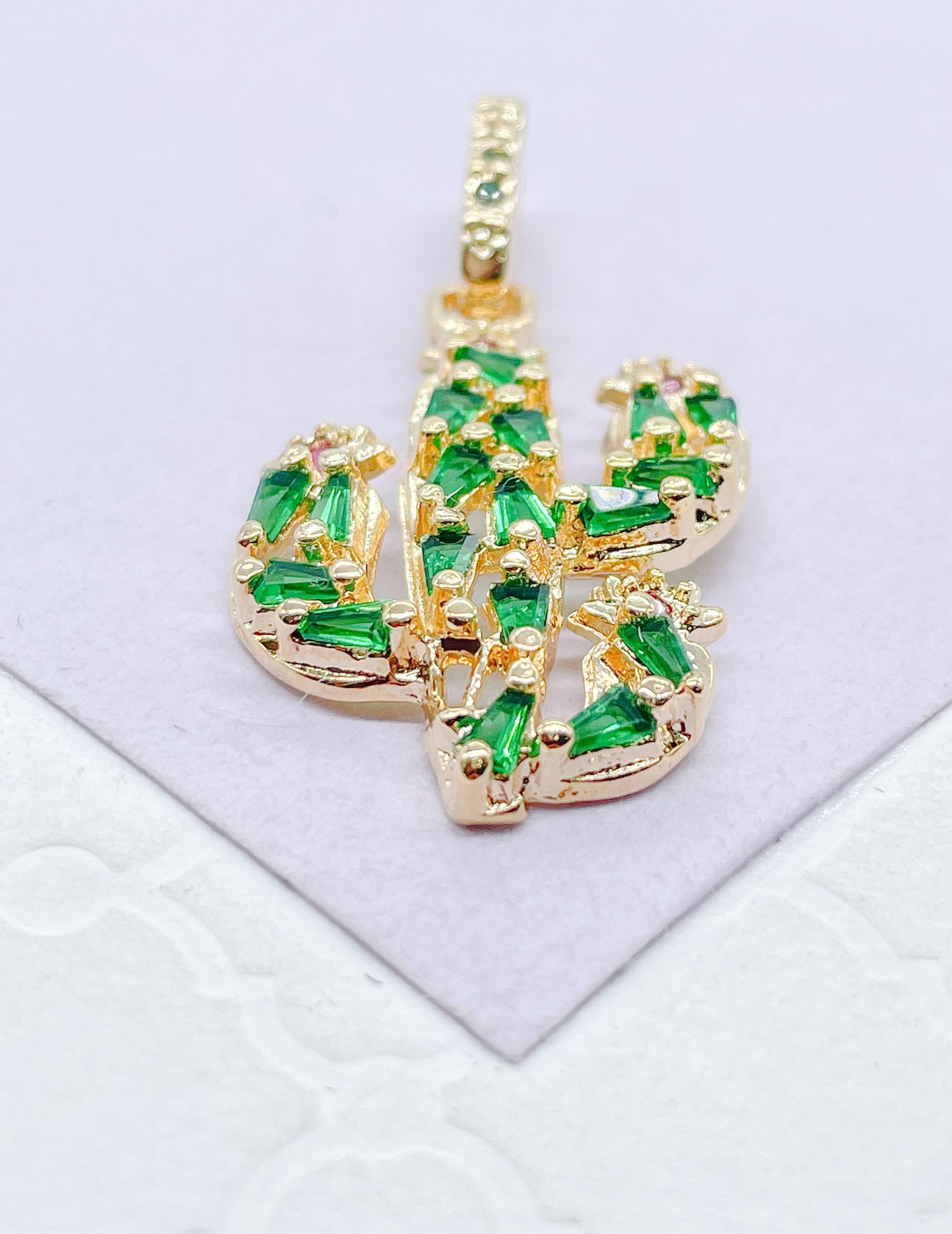 18k Gold Filled Catcus Plant Pendant With Green CZ and small Magenta CZ Stones