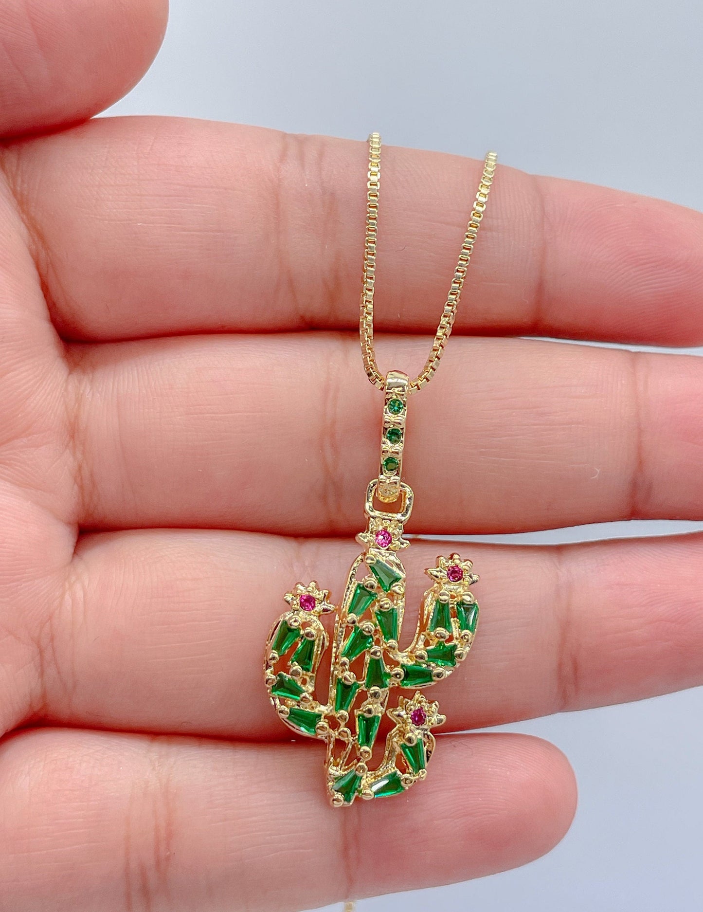 18k Gold Filled Catcus Plant Pendant With Green CZ and small Magenta CZ Stones