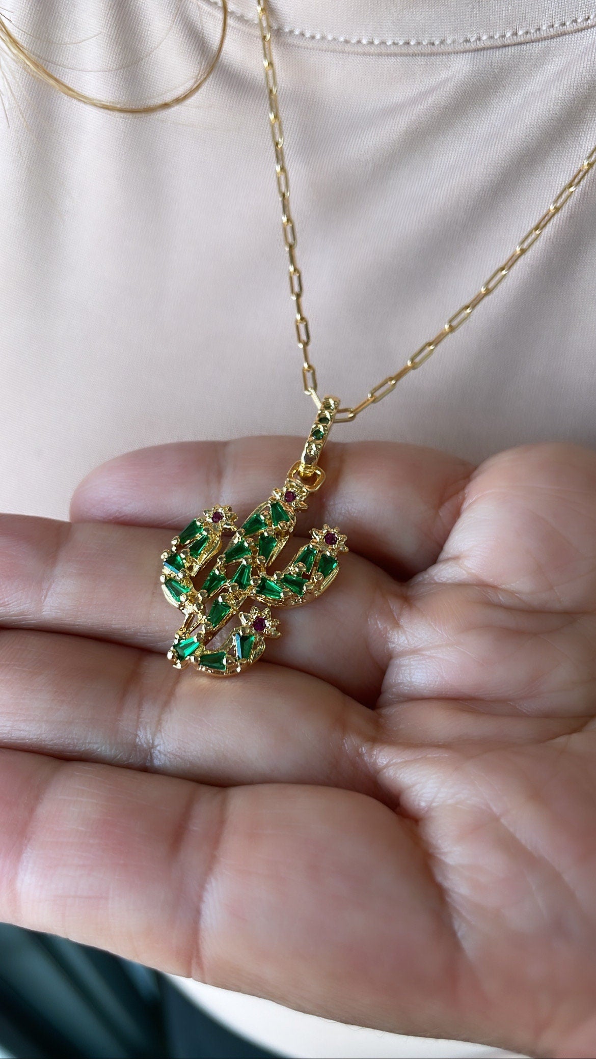 18k Gold Filled Catcus Plant Pendant With Green CZ and small Magenta CZ Stones