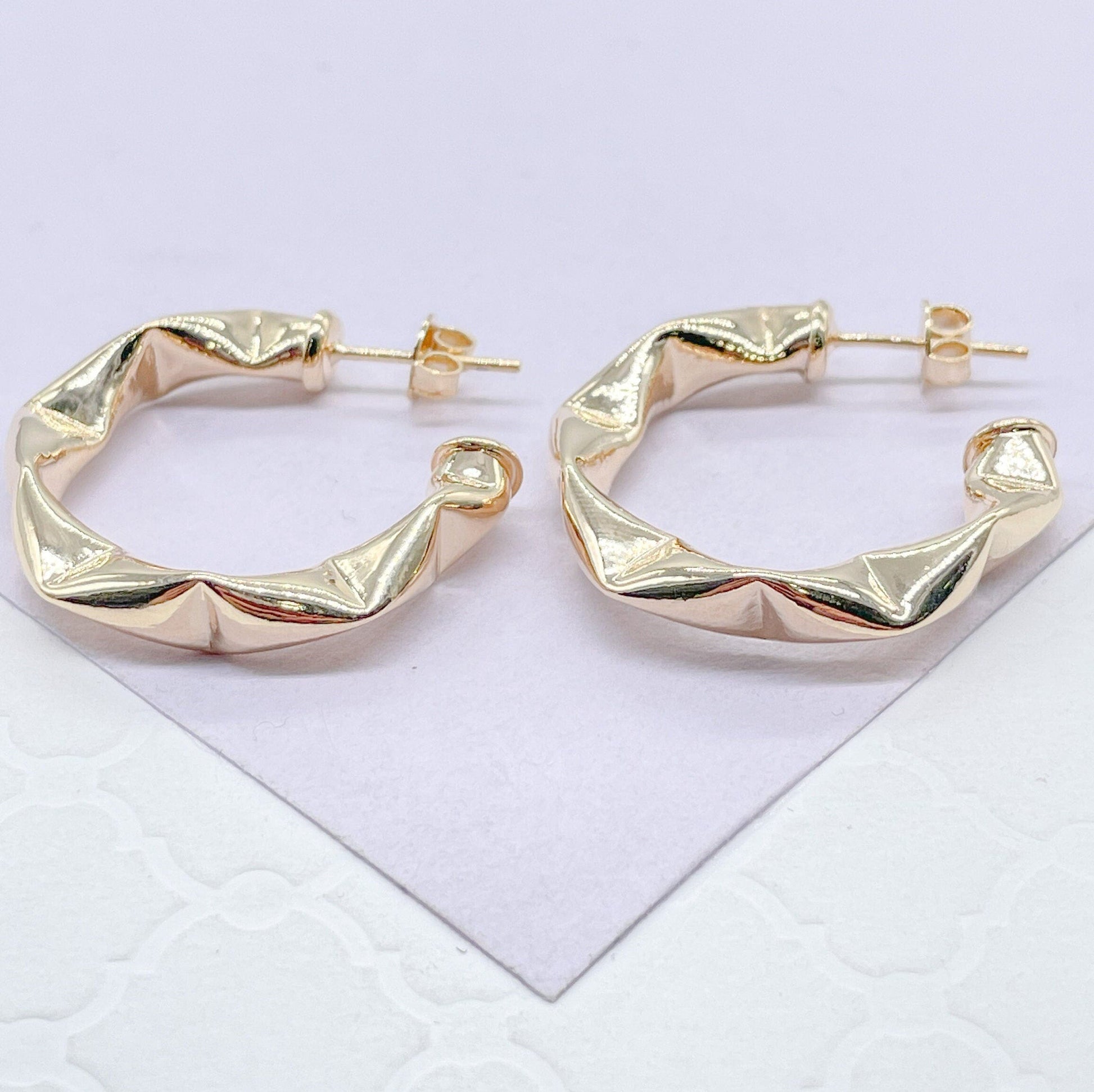 18k Gold Filled Smooth Puffy Open Hoop With Vertial & Horizontal Cut Patterns