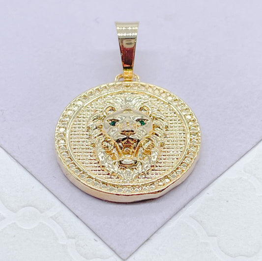 18k Gold Filled Lion Head Medallion Pendant: Engraved Emerald Eyes
