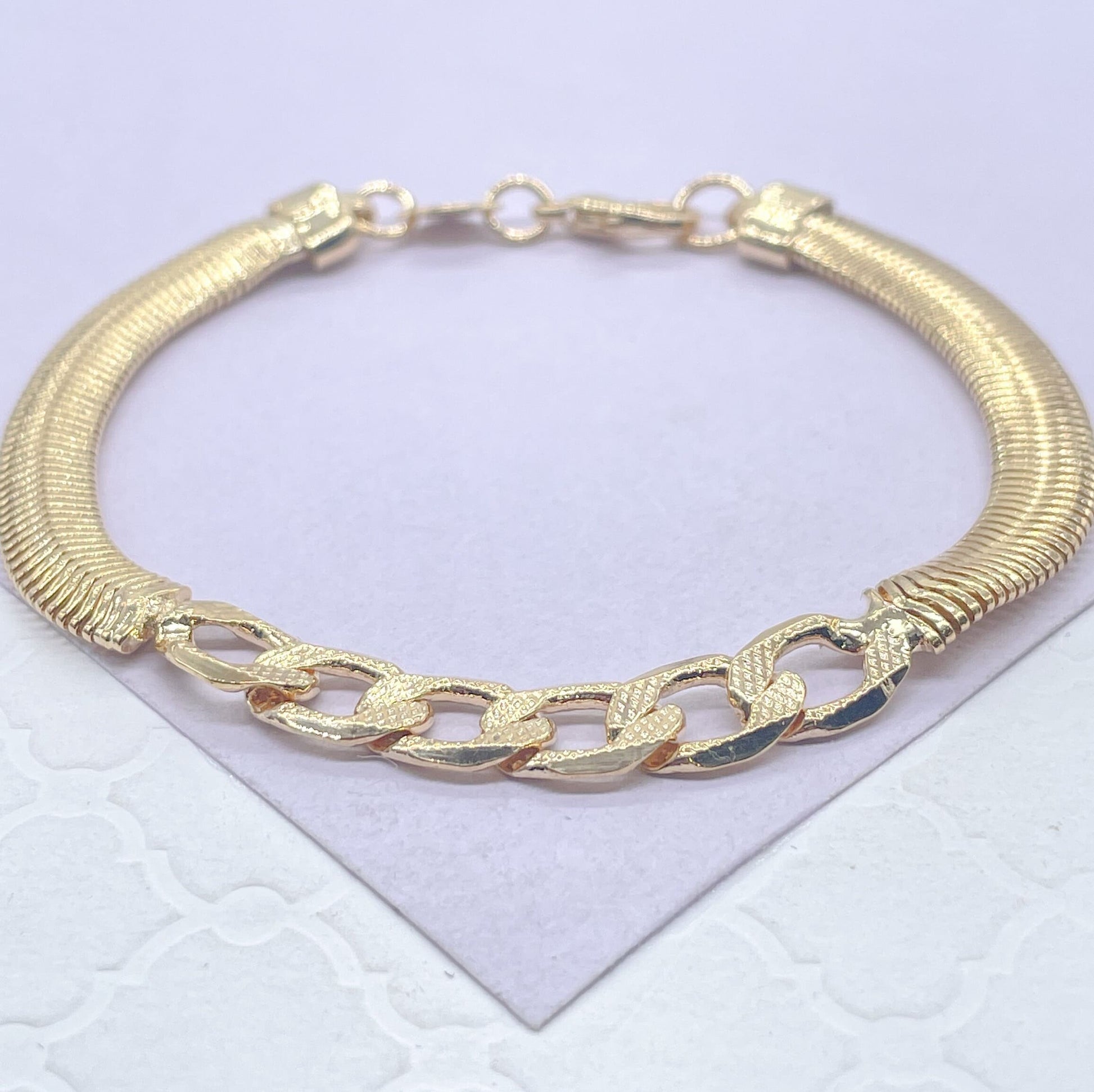 18k Gold Filled Smooth Soft Herring Bone Necklace With Flat Thick Curb Link Center Piece