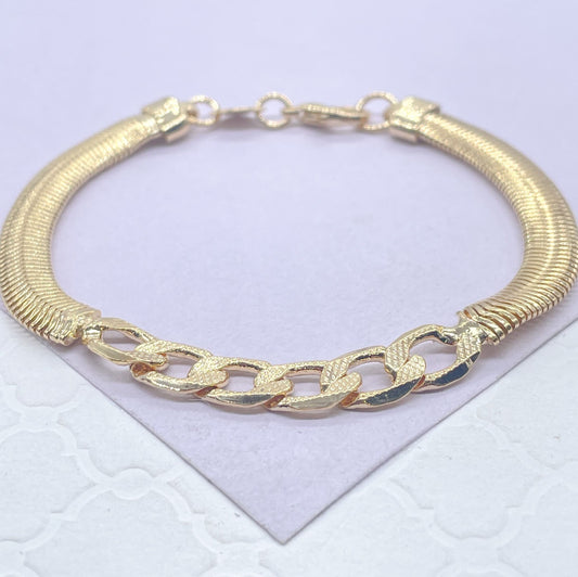 18k Gold Filled Smooth Soft Herring Bone Necklace With Flat Thick Curb Link Center Piece