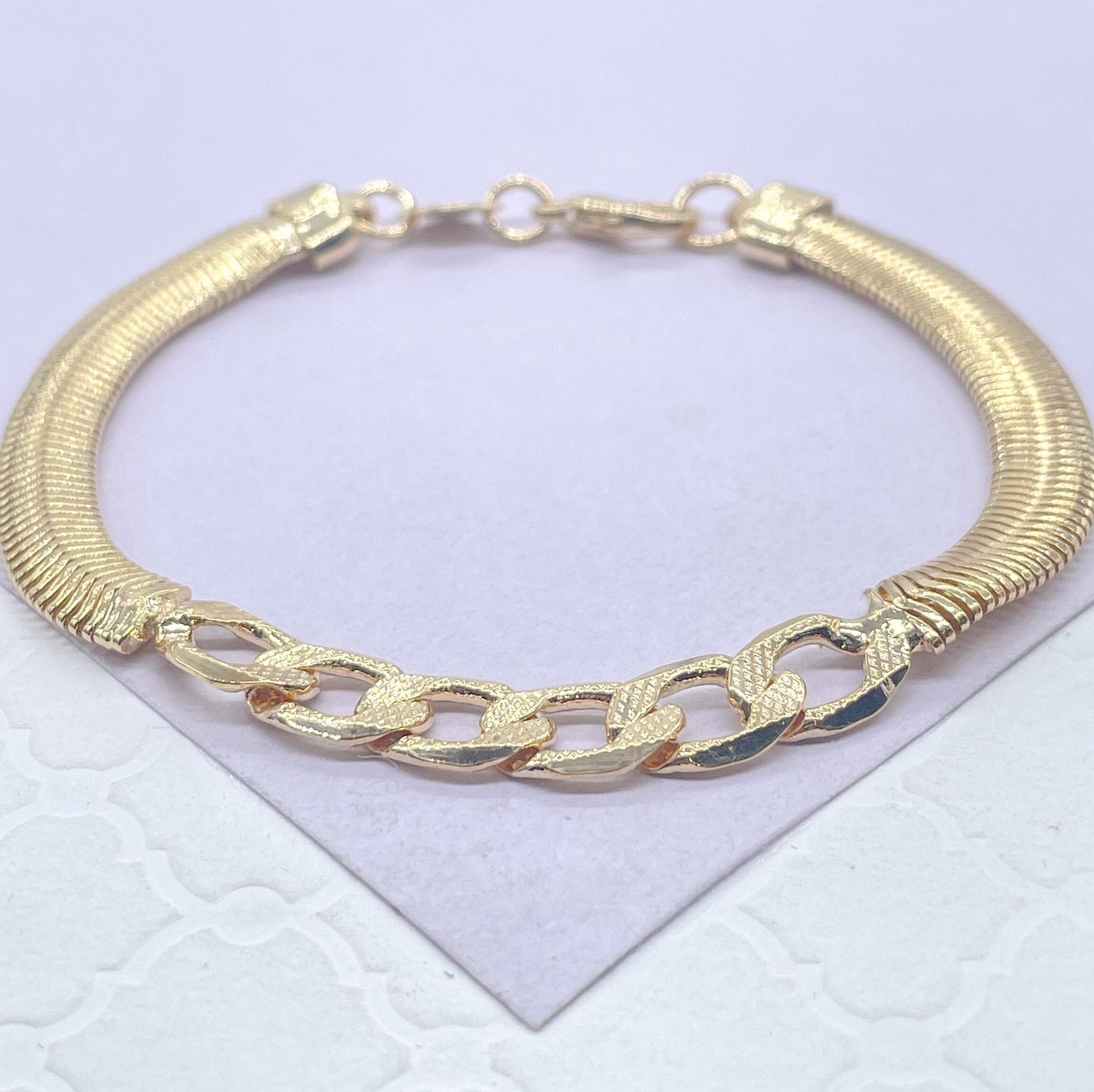 18k Gold Filled Herringbone Necklace: Flat Curb Chain Centerpiece