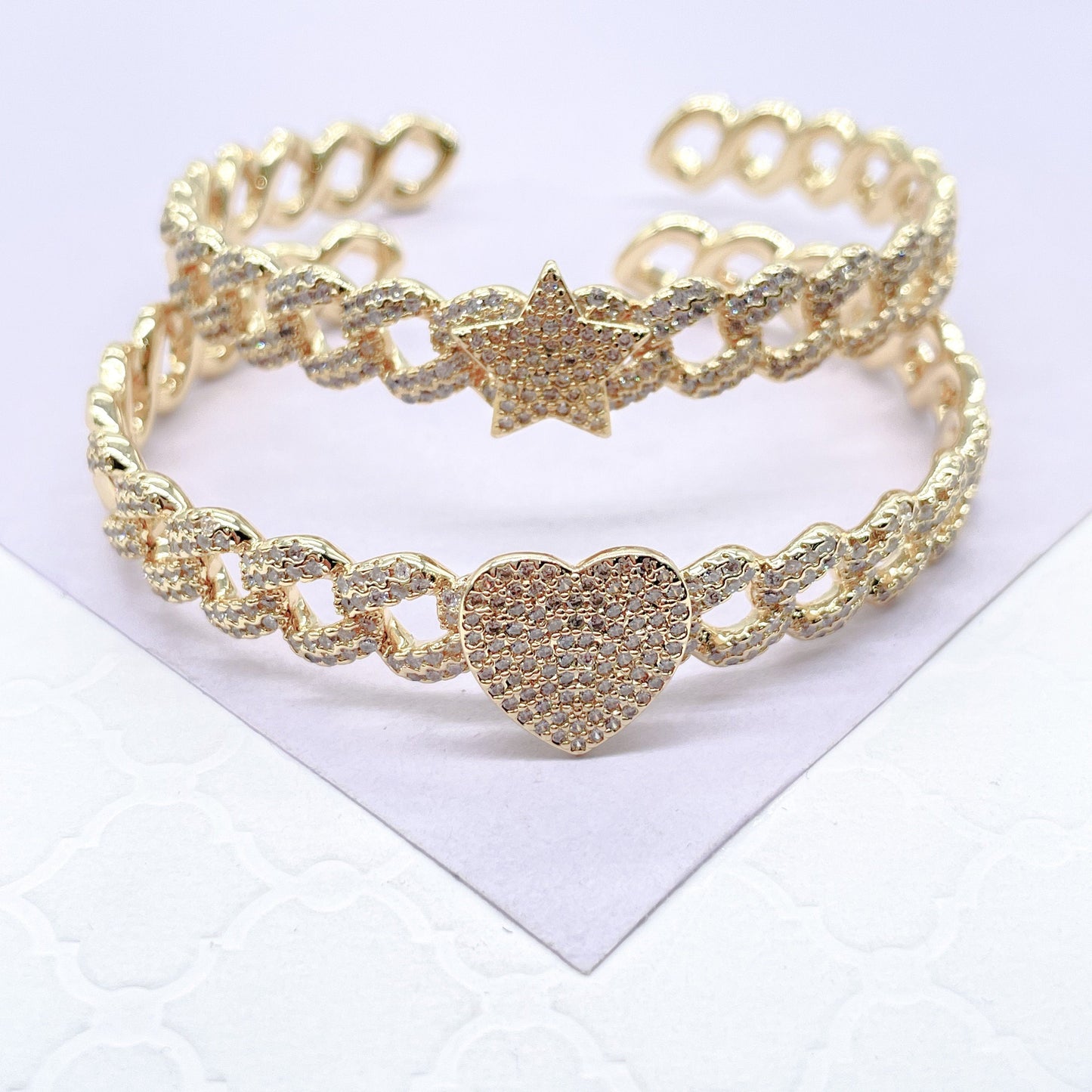 18k Gold Filled Pave Link Cuff Bracelet With Pave Heart & Star Bracelet