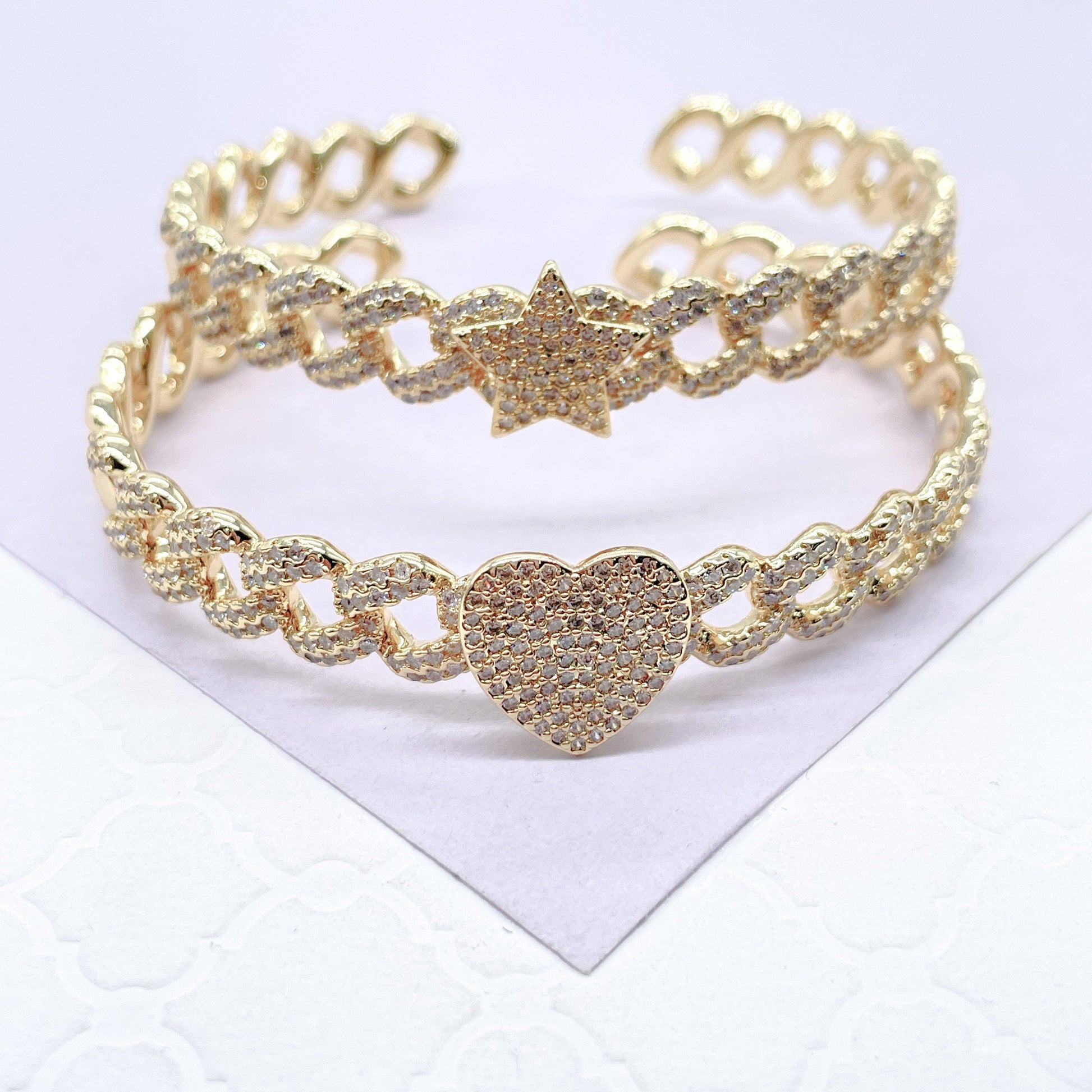 18k Gold Filled Pave Link Cuff Bracelet With Pave Heart & Star Bracelet