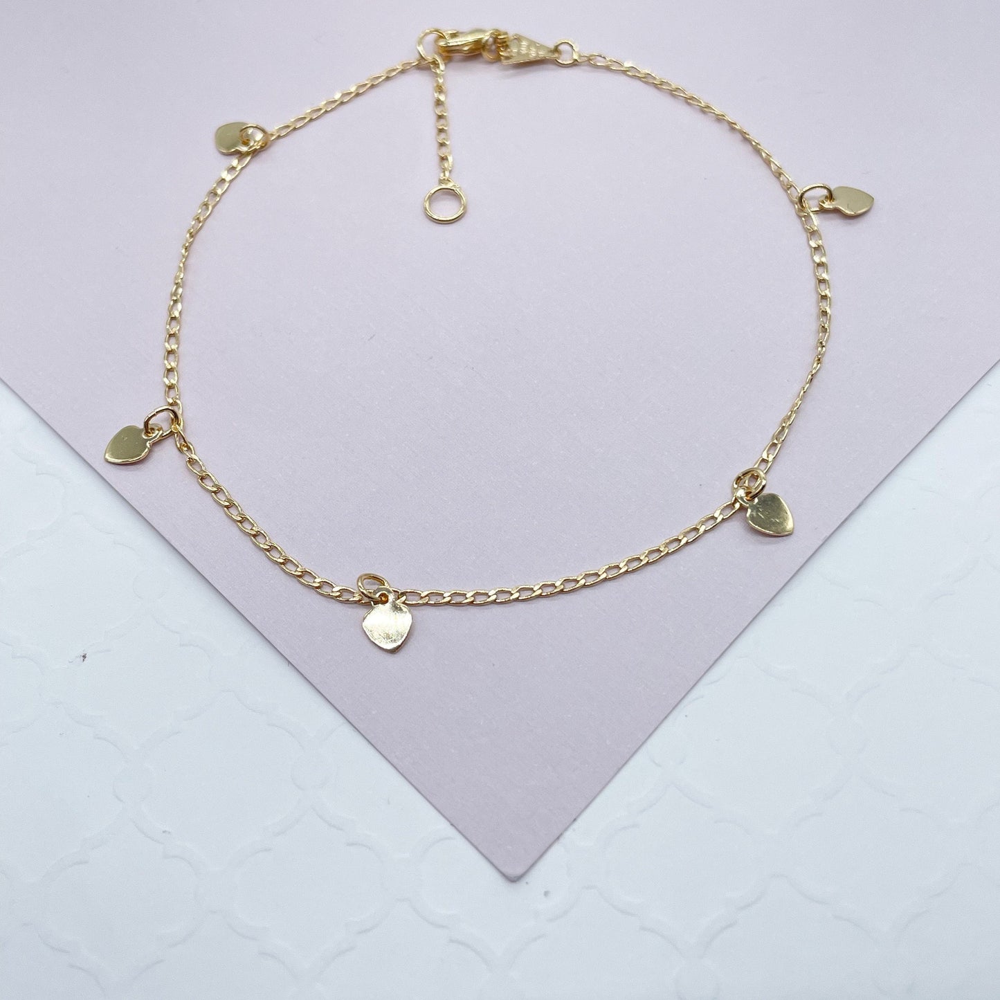 18k Gold Filled Charm Anklet Featuring Options In Heart or Leaves Wholesale
