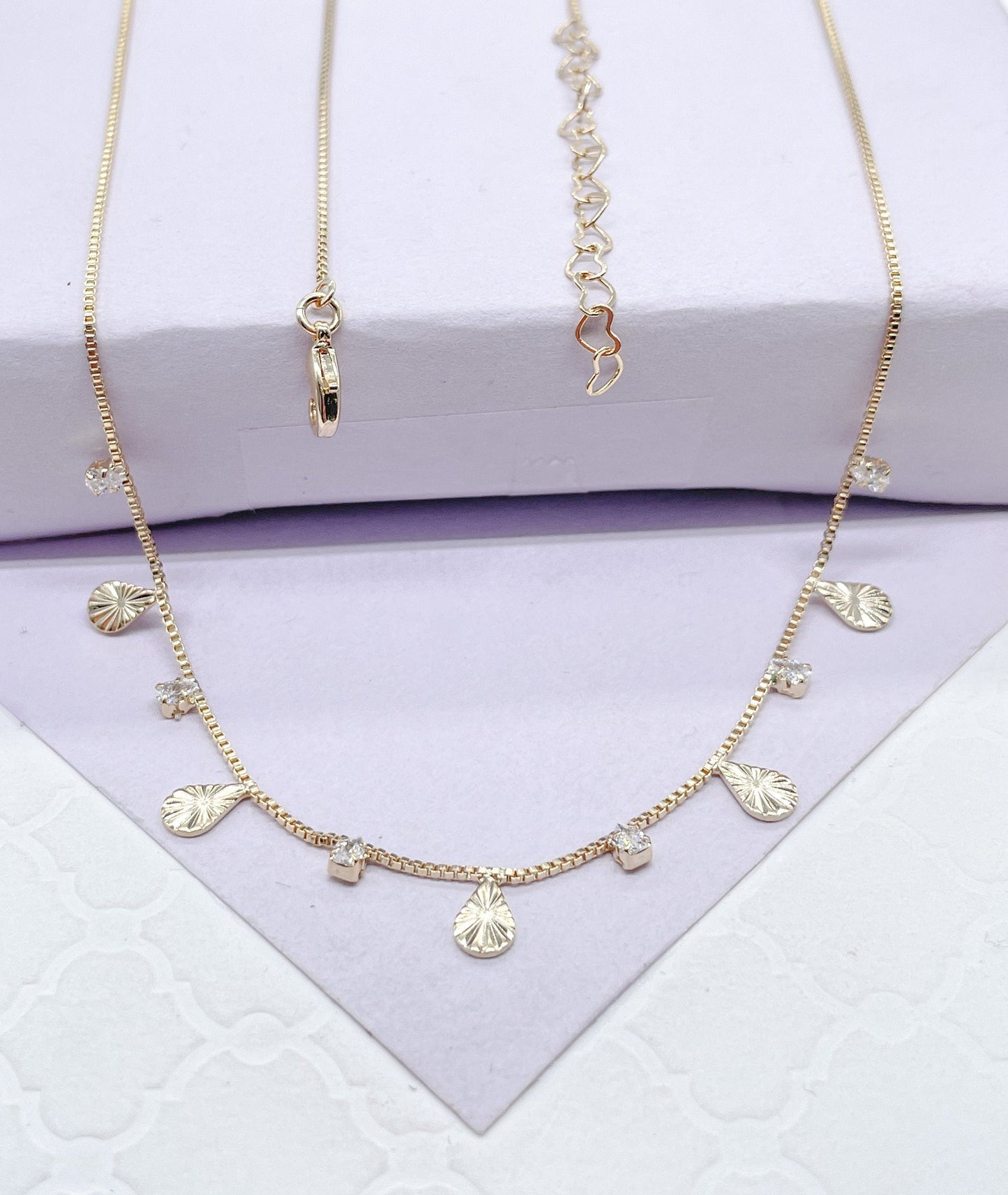 18k Gold Filled Dainty Tear Drop Charm And Cz Stone Choker