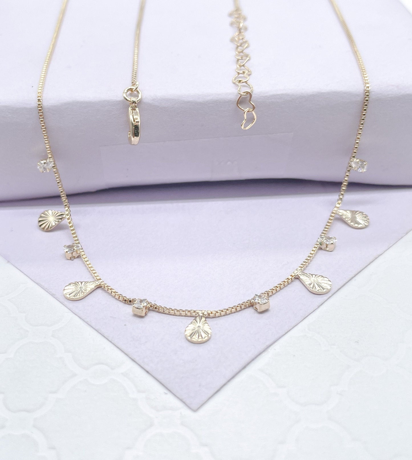 18k Gold Filled Dainty Tear Drop Charm And Cz Stone Choker