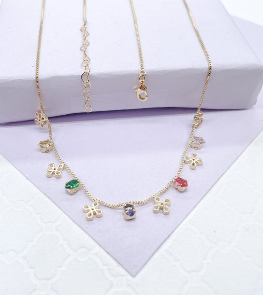 18k Gold Filled Dainty Box Chain Choker With Colorful CZ and Flower Charms