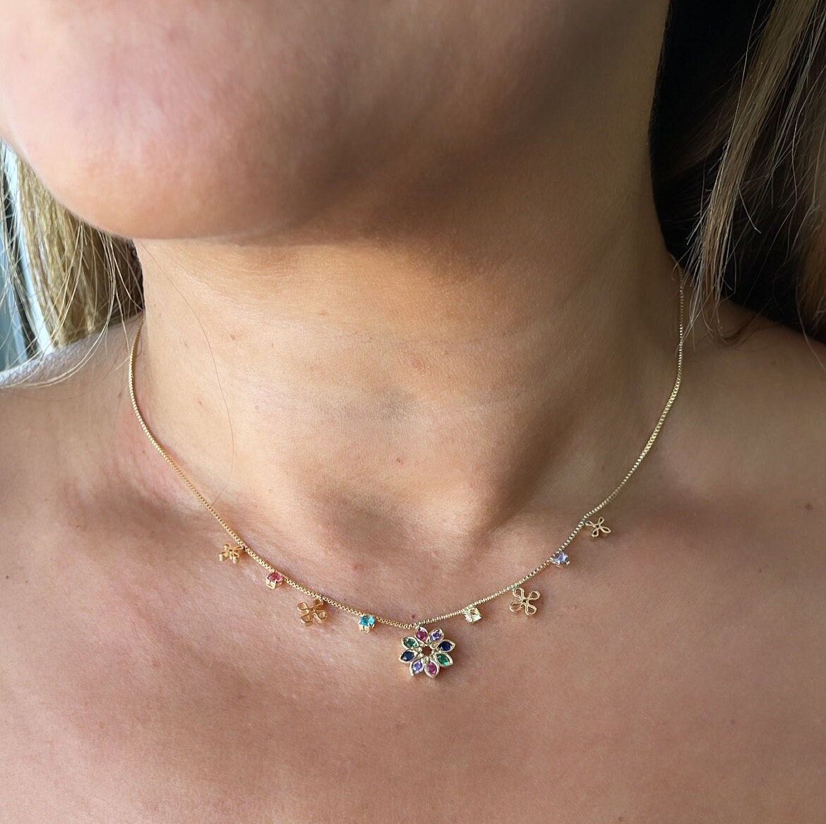 18k Gold Filled Box Chain Choker: Colorful CZ Flower Charm