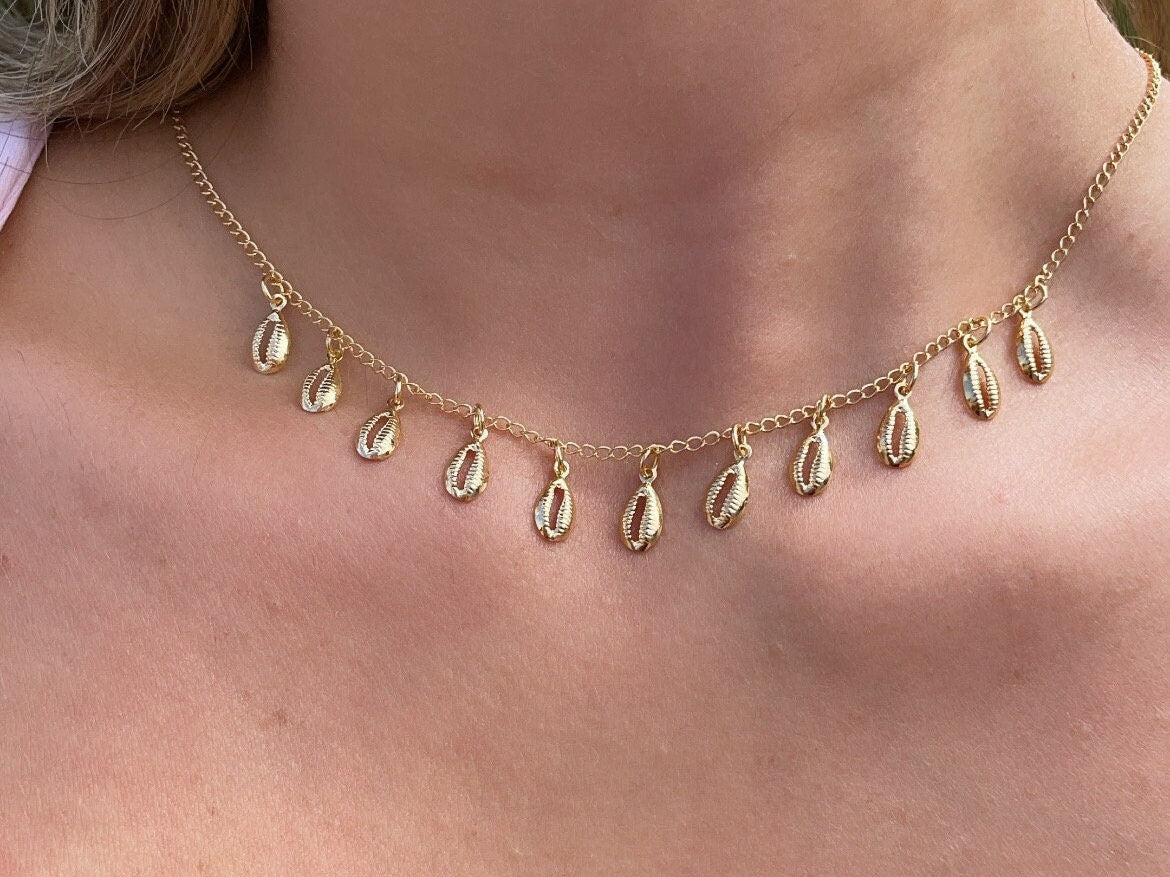 18k Gold Filled Dainty Chain with Eleven Extra Light Cowrie Shell Charms,