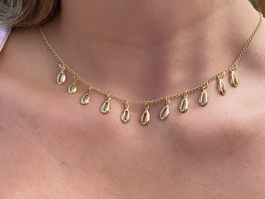 18k Gold Filled Dainty Chain with Eleven Extra Light Cowrie Shell Charms,