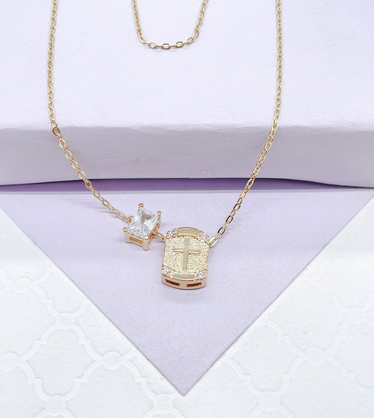 18k Gold Filled non-closure Rosary Necklace with Baguette cut stone charm