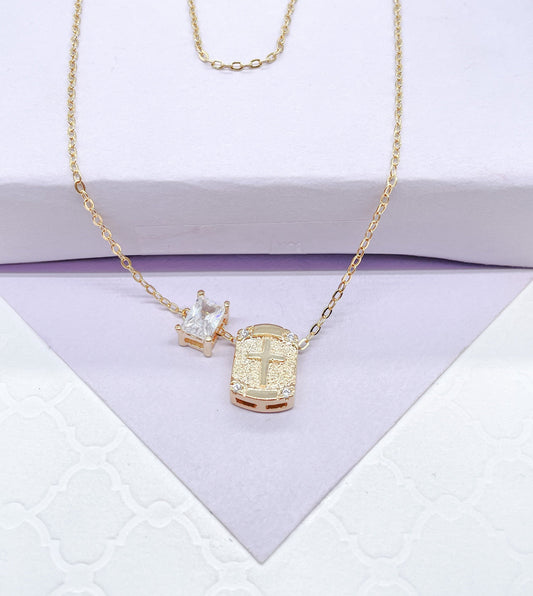 18k Gold Filled non-closure Rosary Necklace with Baguette cut stone charm