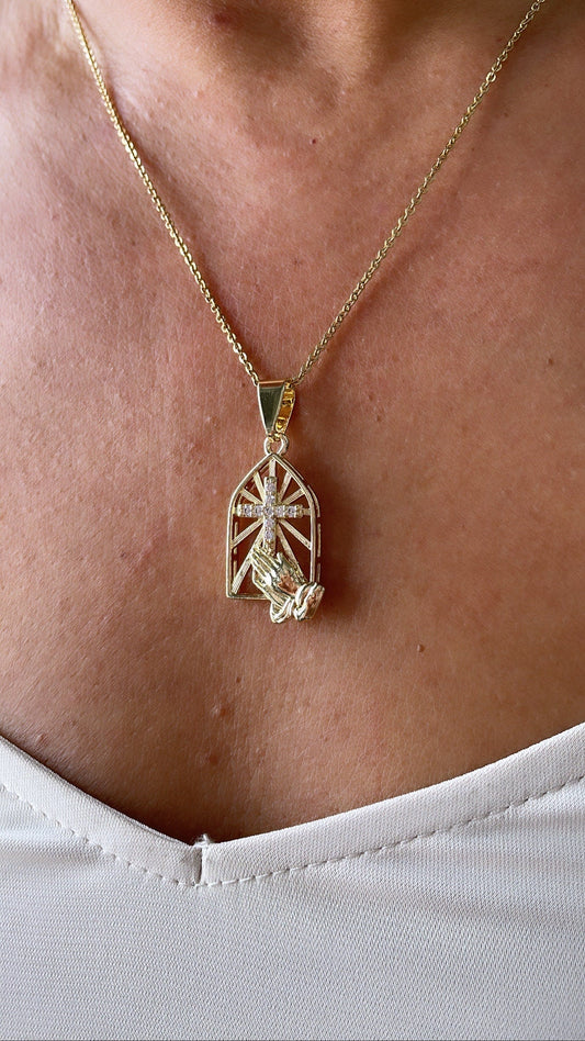 18k Gold Filled Medallion Charm With Cross and Praying Hands