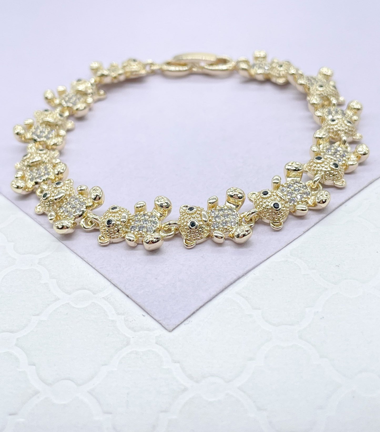 18k Gold Filled Womens Zirconia Bear Charm Bracelet