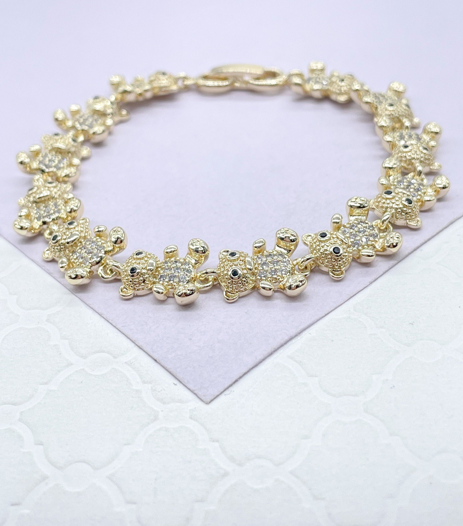 18k Gold Filled Womens Zirconia Bear Charm Bracelet