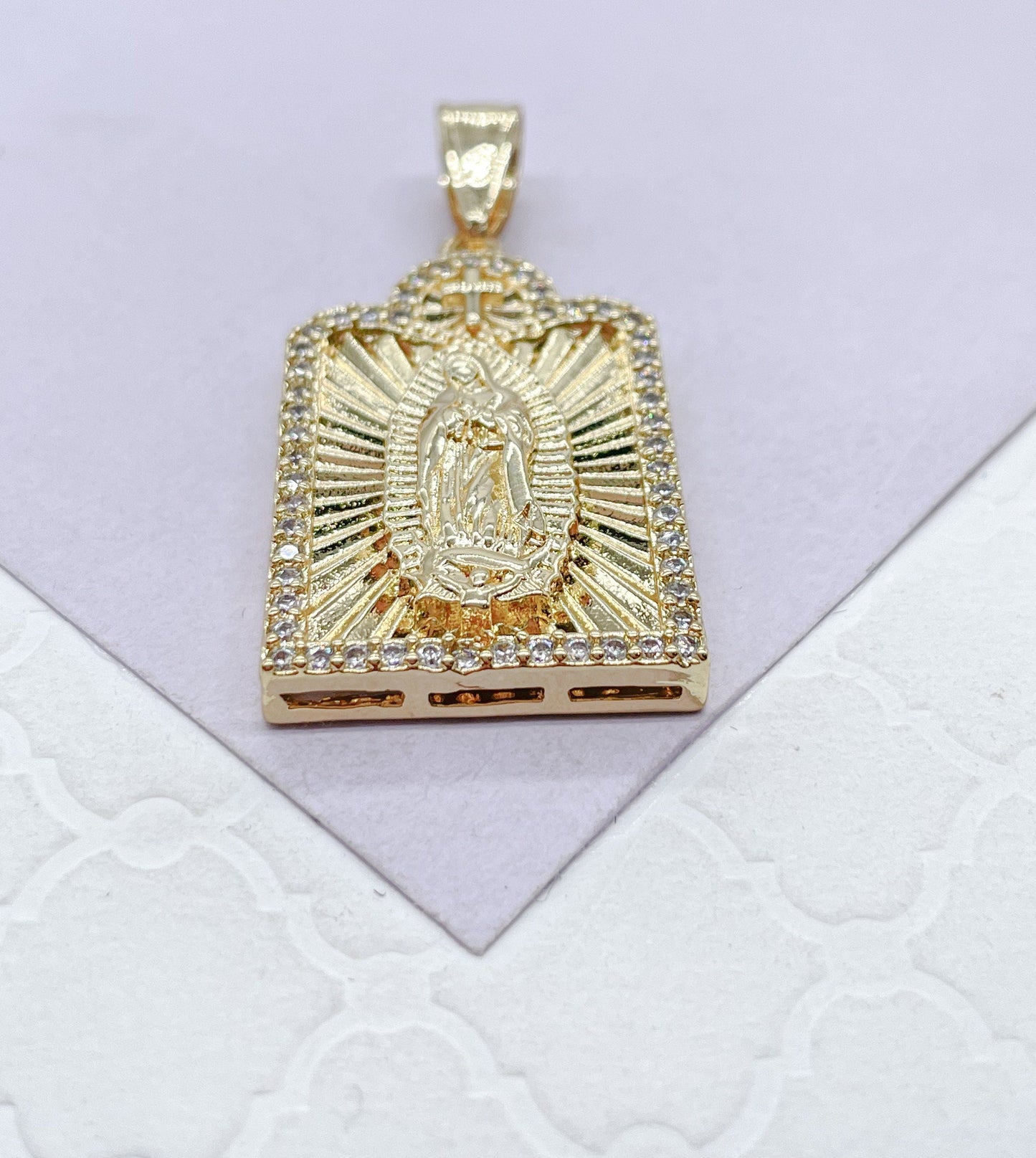 18k Gold Filled Guadalupe Medallion Charm with CZ Stones