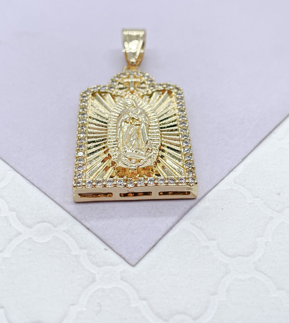 18k Gold Filled Guadalupe Medallion Charm with CZ Stones