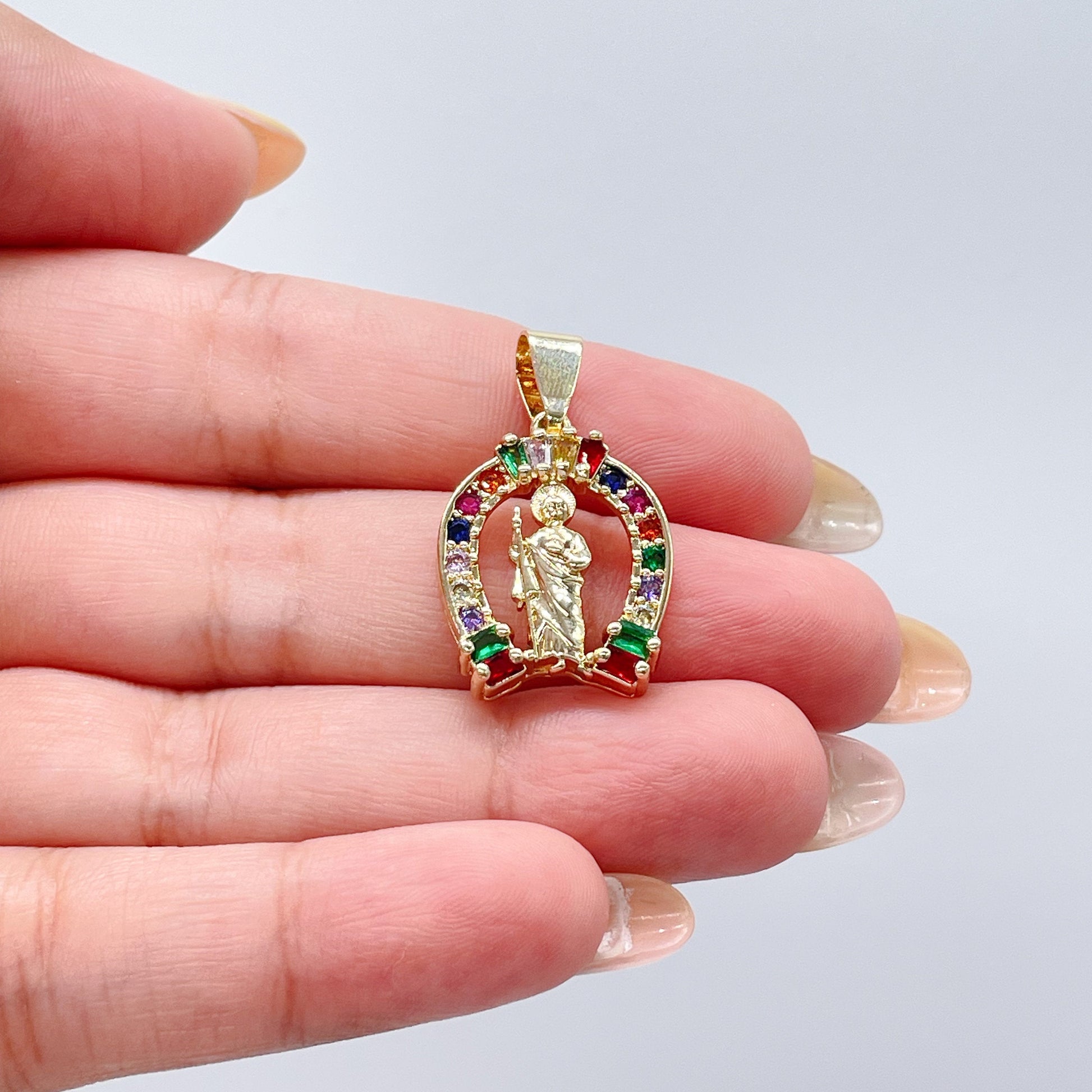 18k Gold Filled Saint Jude Charm Colorful Baguette and Round CZ Charm