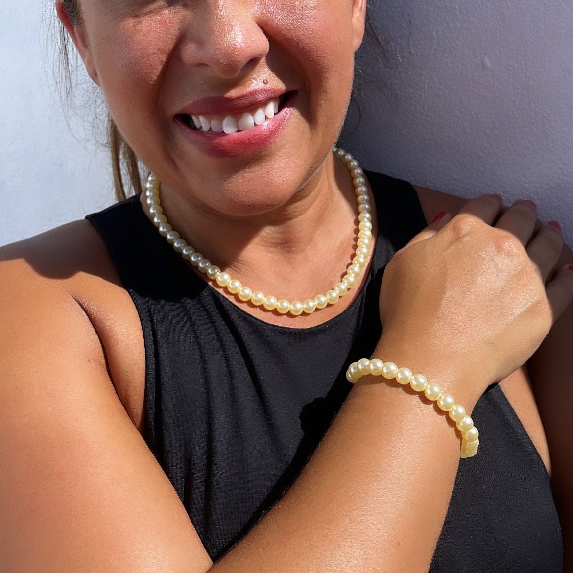 18k Gold Filled 8mm Beaded Cream Colored Pearl Set