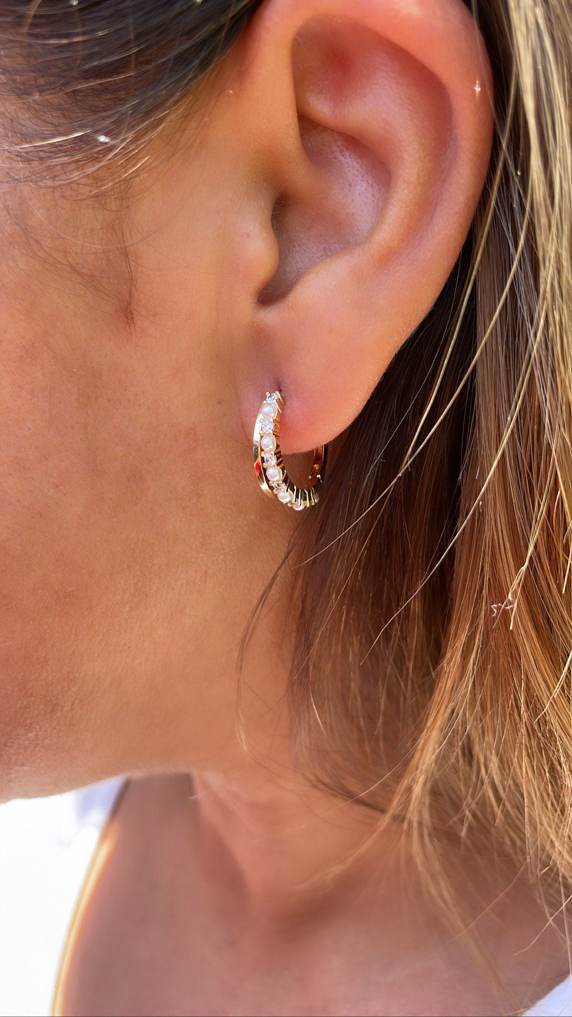 18k Gold Filled Double Rowed Hoop Earring With Pearl and CZ & Plain Smooth Rows
