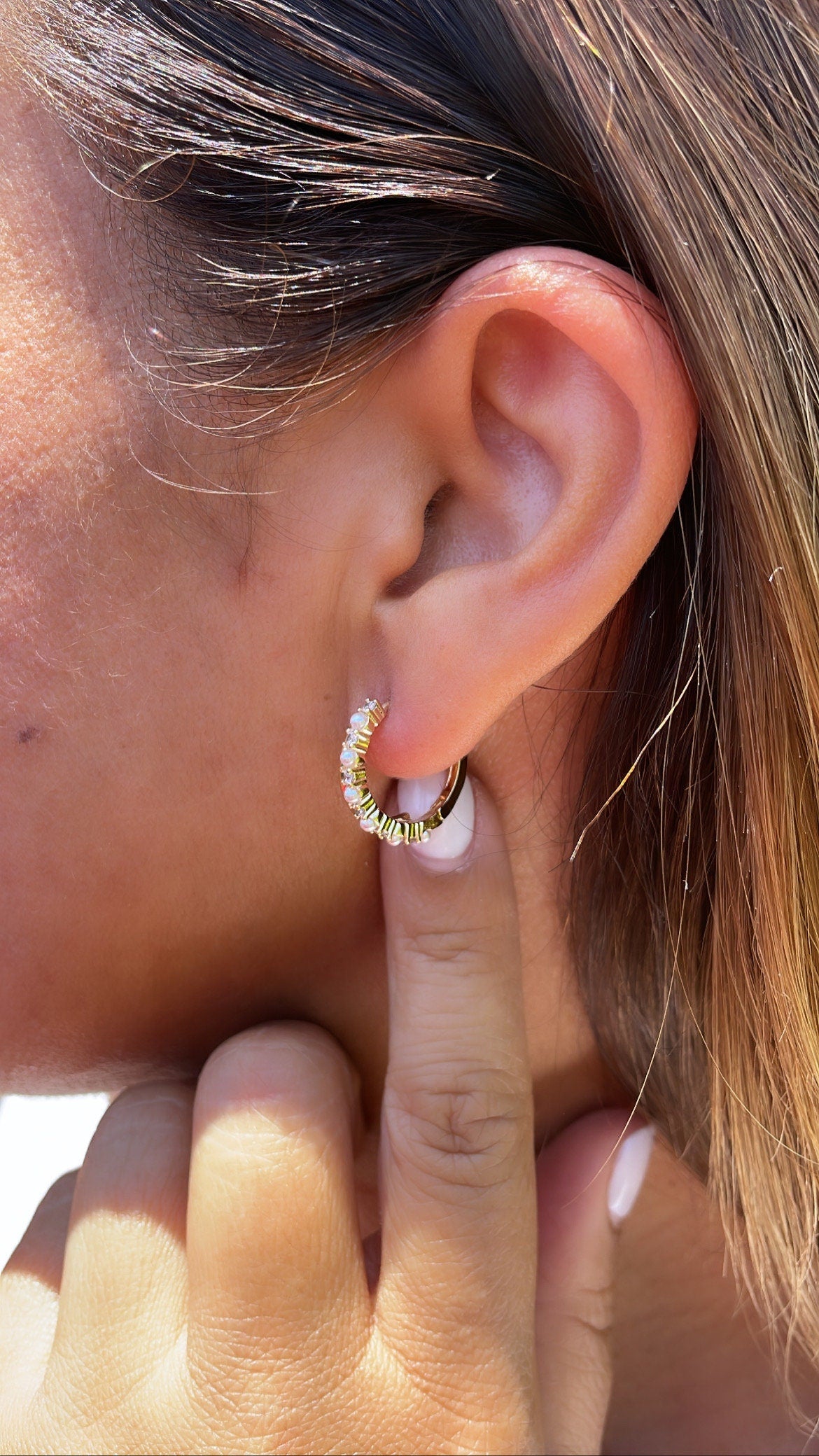 18k Gold Filled Double Rowed Hoop Earring With Pearl and CZ & Plain Smooth Rows