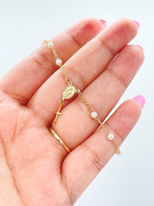 18k Gold Filled Pearl Rosary Bracelet: Virgin Mary Crucifix Charm