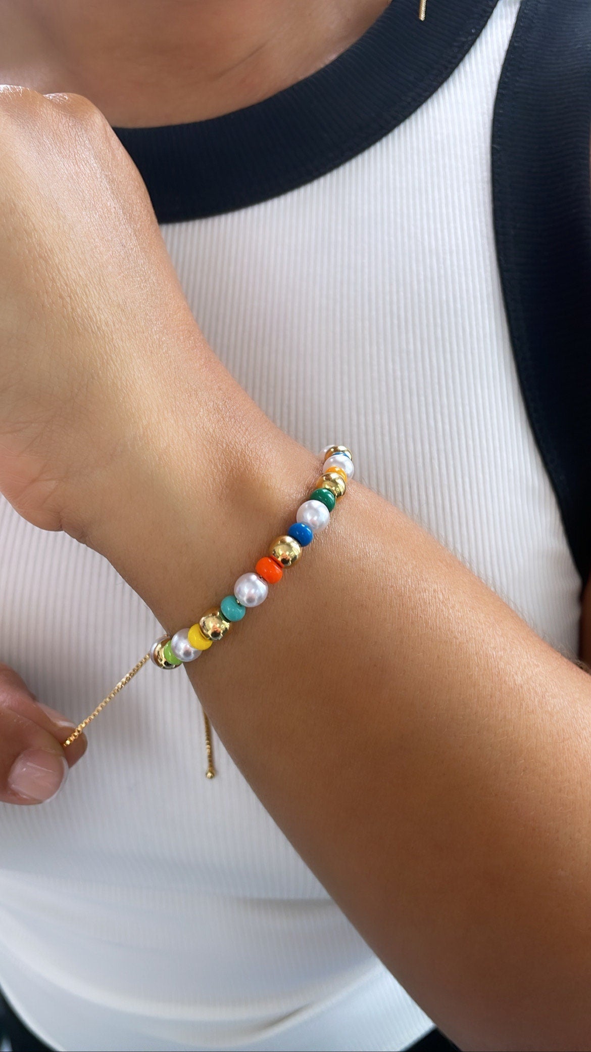 18k Gold Filled Colorful Bead And Pearl Bracelet, Stackable Color Bracelet,