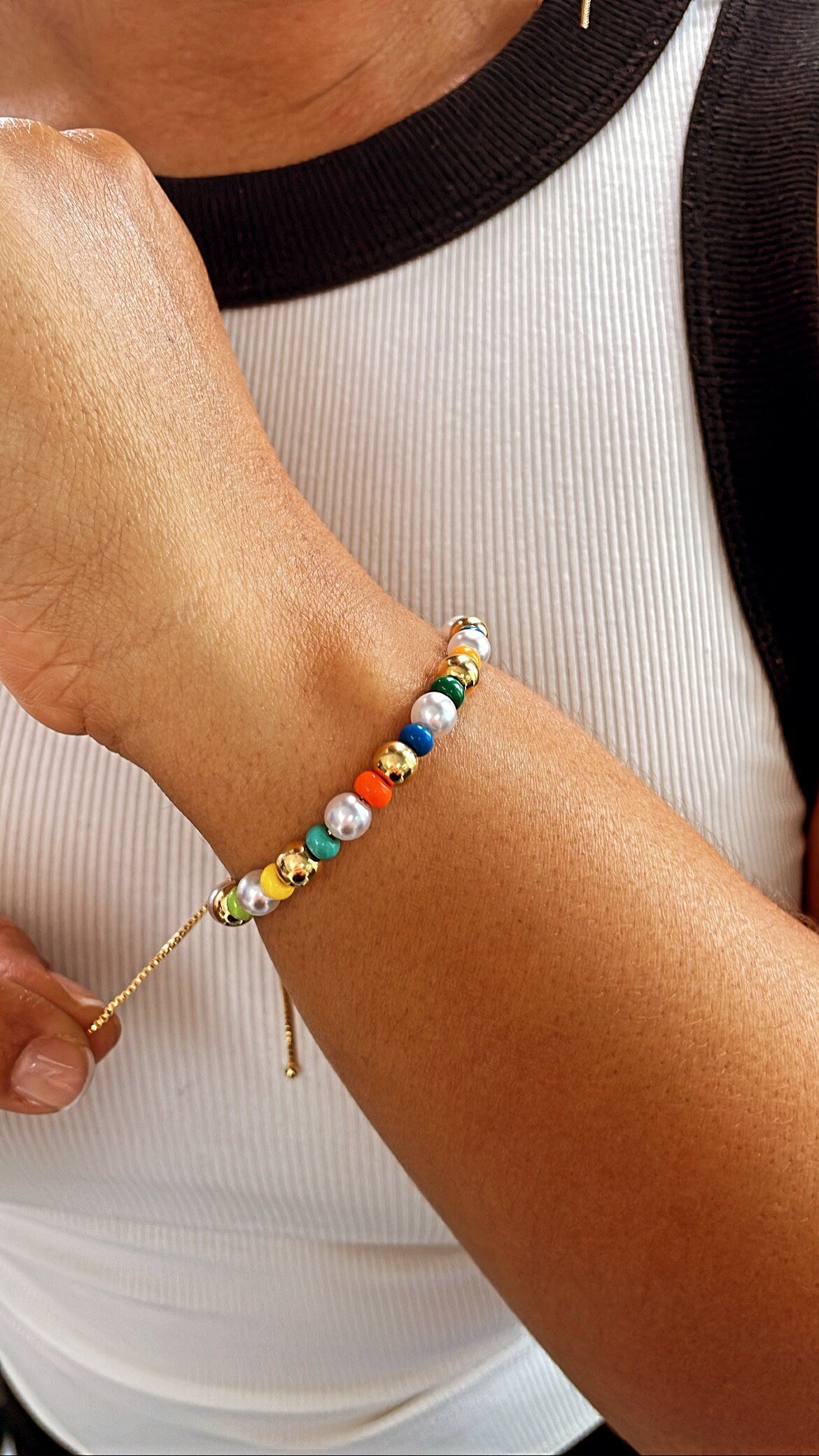 18k Gold Filled Colorful Bead And Pearl Bracelet, Stackable Color Bracelet,