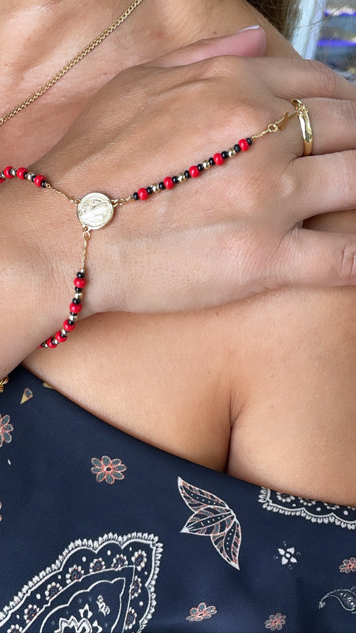 18k Gold Filled Beaded Hand Chain Bracelet With St Benedict Center Piece & Gold Cross