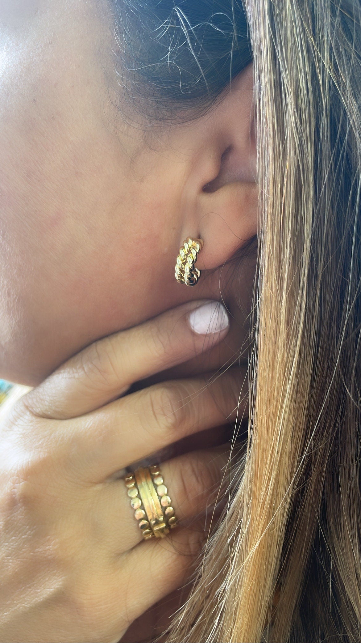 18k Gold Filled Double Dainty Row Twisted Pushback Open Hoop Earring C-Hoop