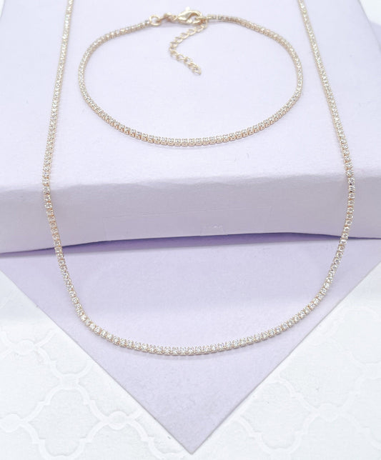 18k Gold Filled Dainty Ultra-Thin Layering Tennis Chain Bracelet & Choker Set