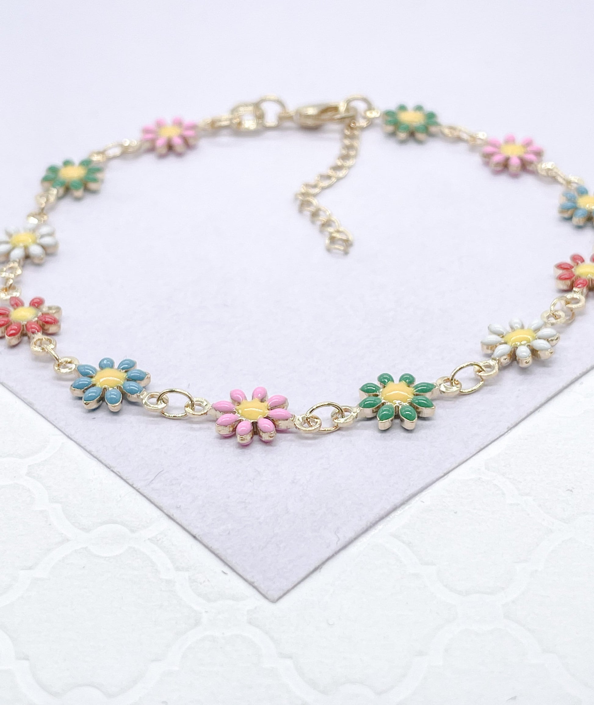 18k Gold Filled Colorful Enamel Multicolored Flower-Patterned Bracelet, Summer Jewlery Nature Jewlery, For Her, For Girl