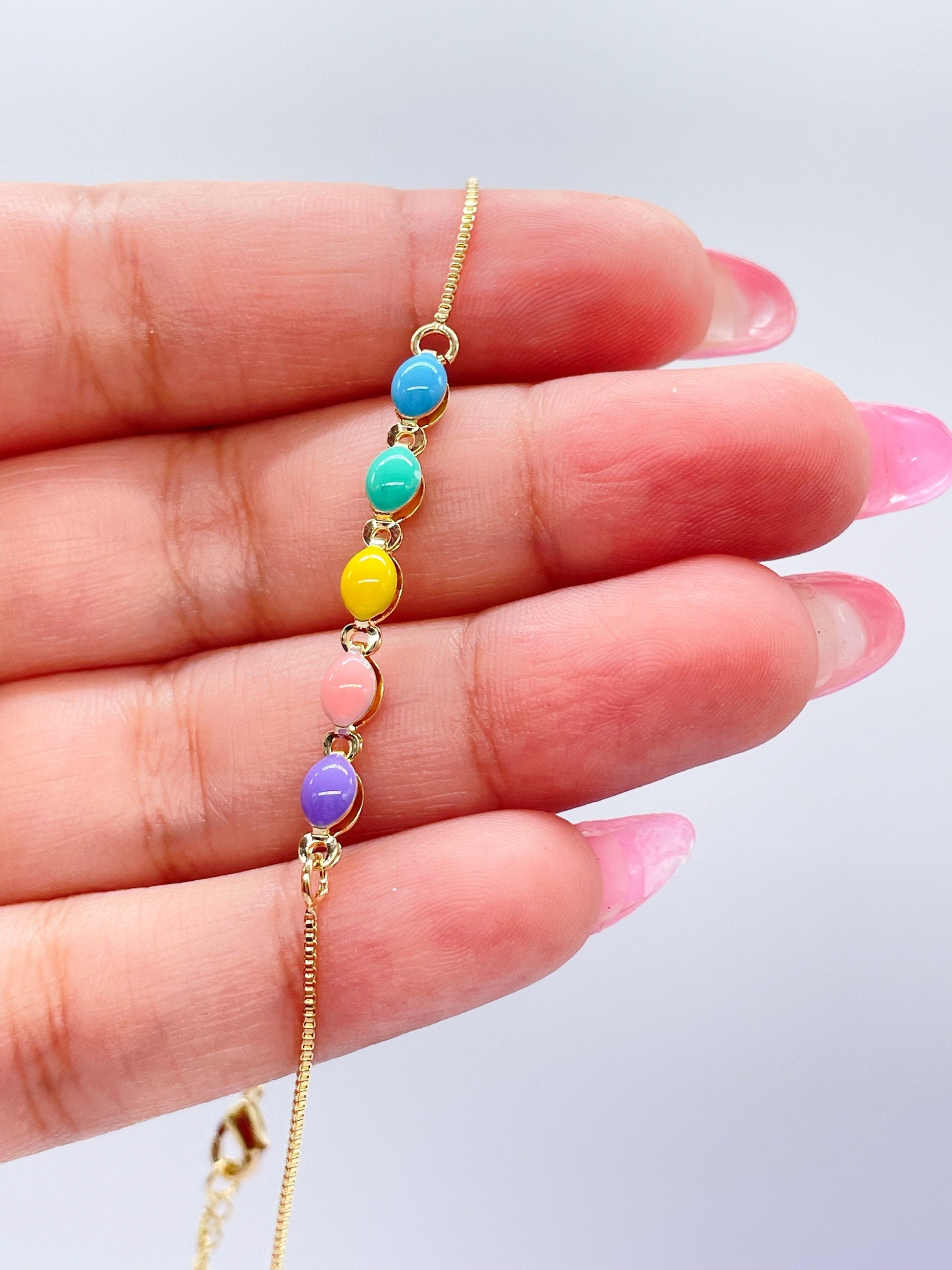 18k Gold Filled Box Chain Anklet with Pastel Colored Enamel Hollow Beads