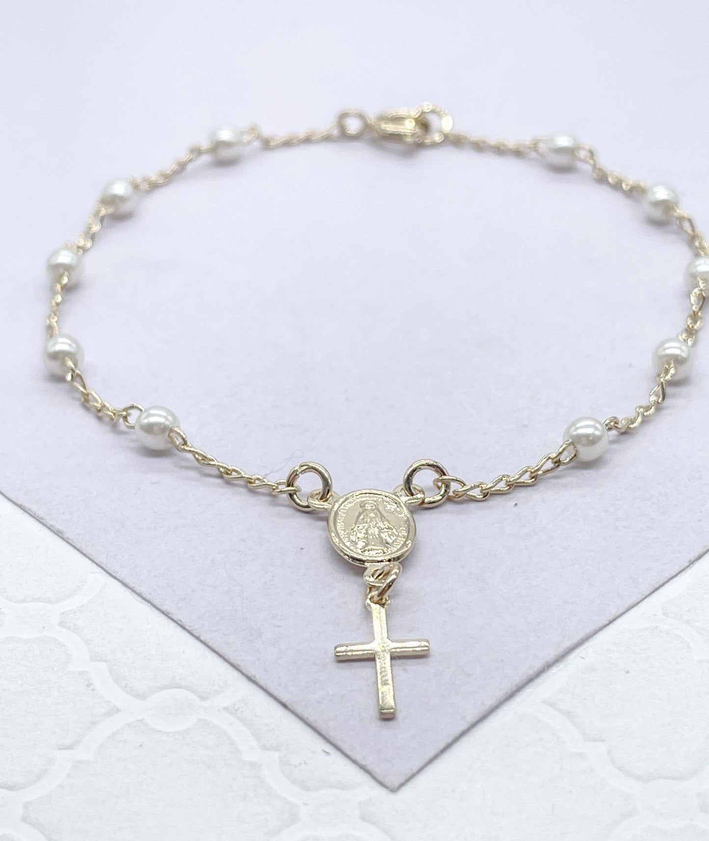 18k Gold Filled Pearl Rosary Bracelet: Virgin Mary Crucifix Charm