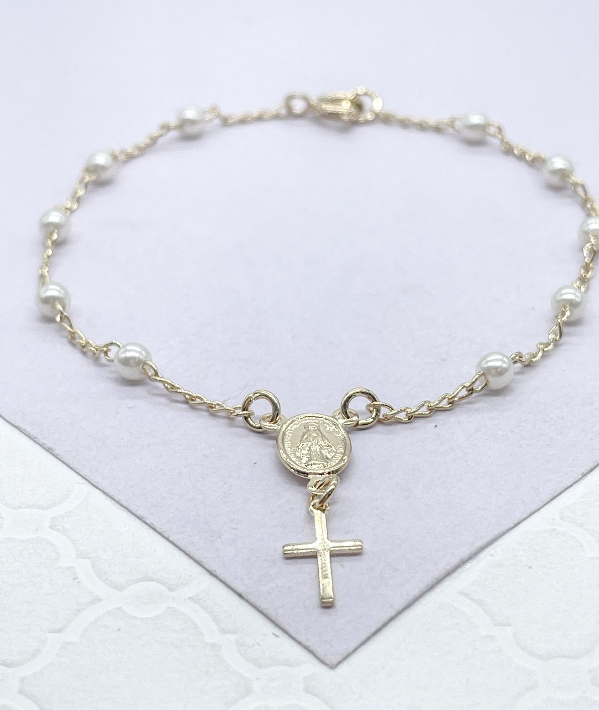 18k Gold Filled Pearl Rosary Bracelet: Virgin Mary Crucifix Charm