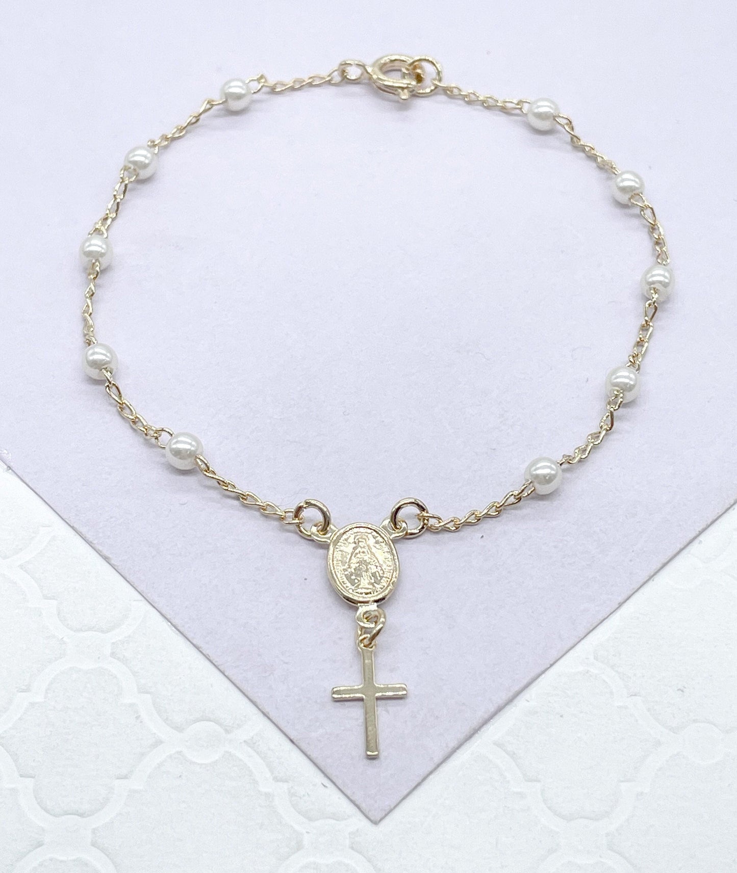 18k Gold Filled Pearl Rosary Bracelet: Virgin Mary Crucifix Charm