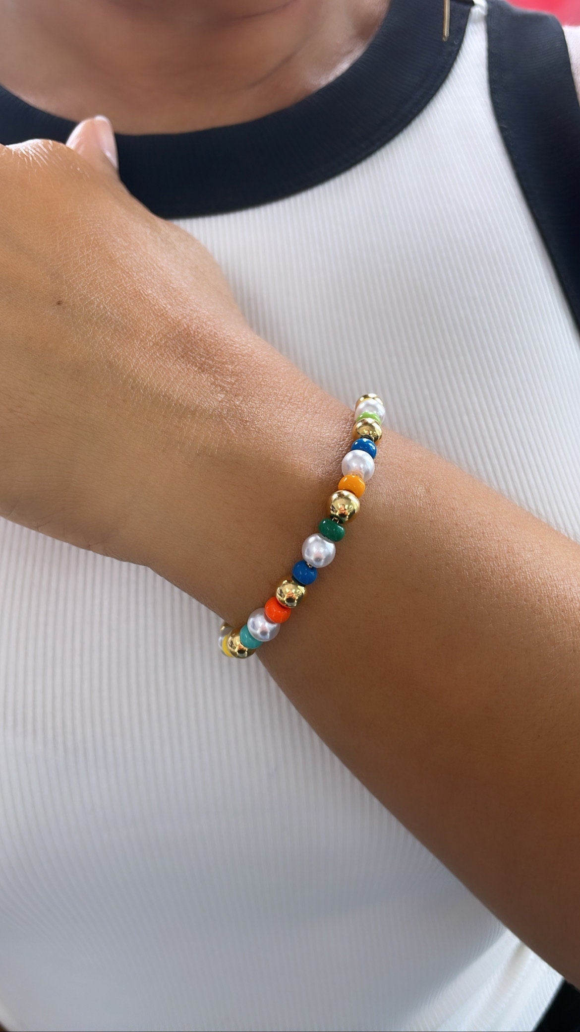 18k Gold Filled Colorful Bead And Pearl Bracelet, Stackable Color Bracelet,